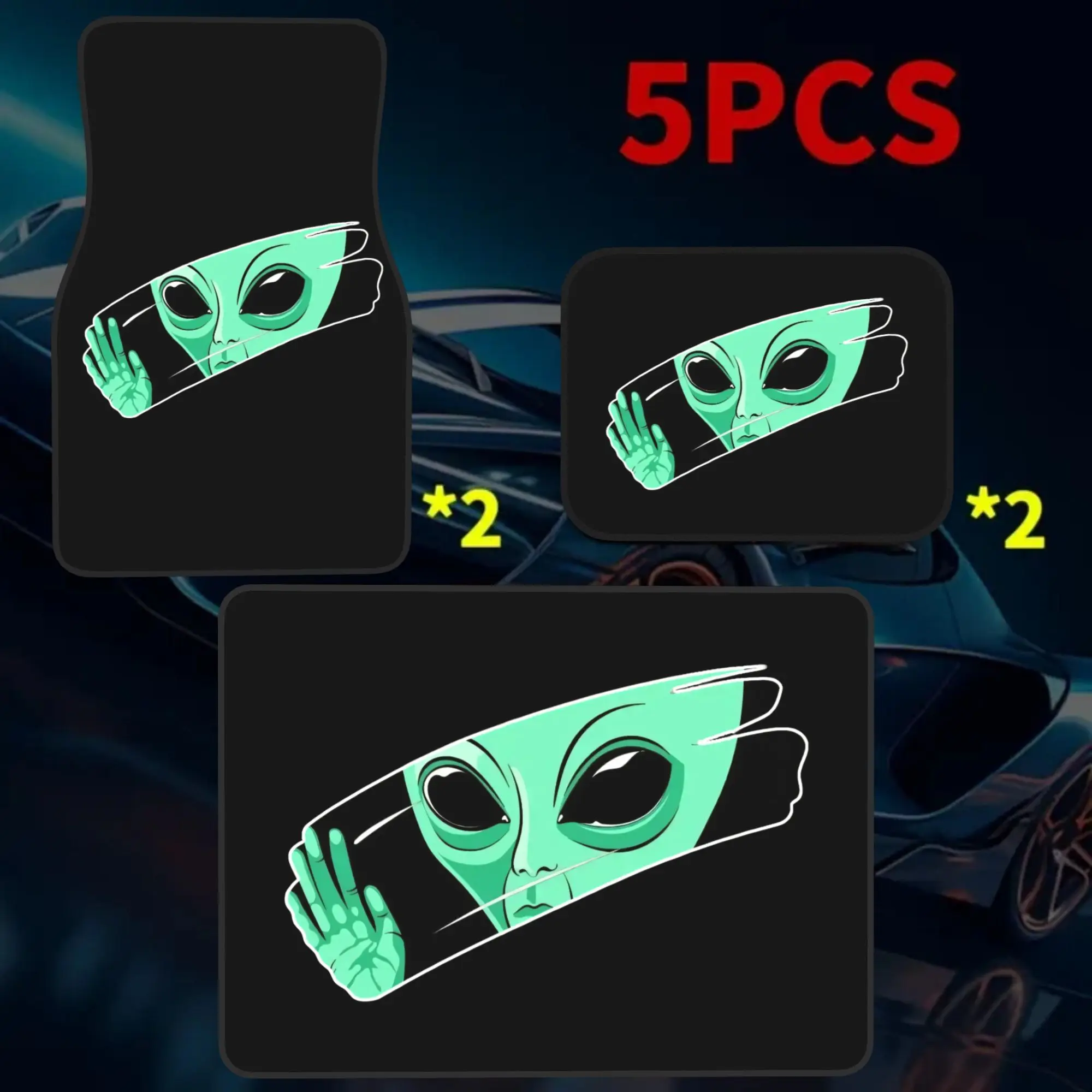 2D Flat 5pcs Waving Alien 4 Car Floor Mats & 1 Car Trunk Mat Set, Stylish Vehicle Accessories, Perfect Gift For Halloween Thanks
