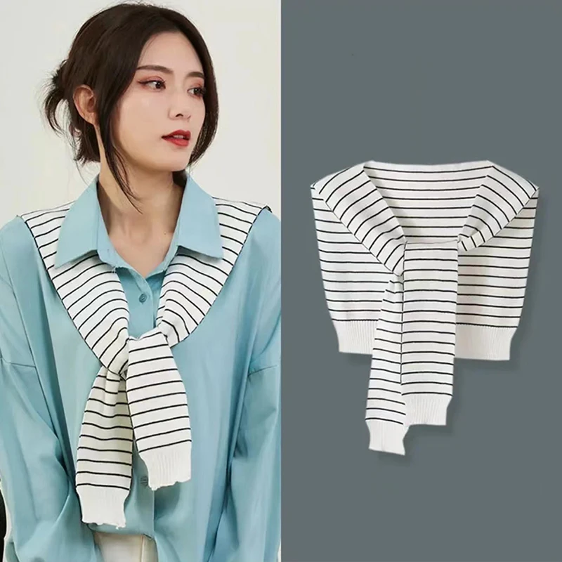 Korean Striped Knitted Shawl Spring Autumn Women Blouse Shoulders Fake Collar Cape Knotted Scarf Small Shawl