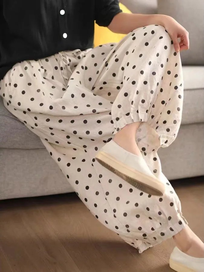 Pantalones de pierna ancha de lino y algodón con estampado Floral, pantalones holgados artísticos Retro rectos de nueve puntos, pantalones casuales de cintura alta para mujer