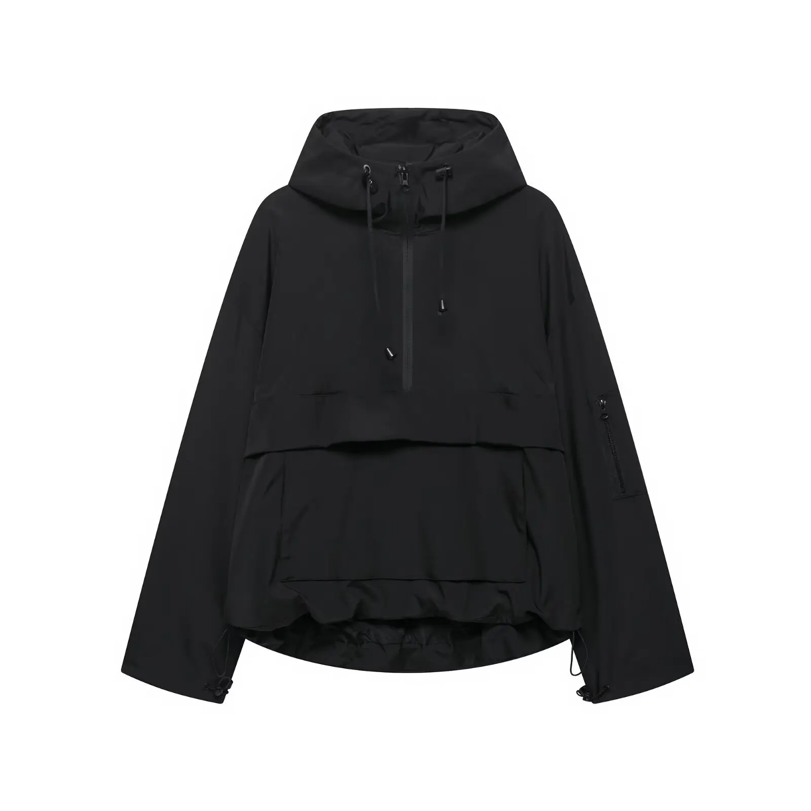 

2025 Women's Half-opening Casual Patch Pocket Solid Color Long-sleeved Jacket Simple Coat Woven Hooded Drawstring Zip-up Jacket