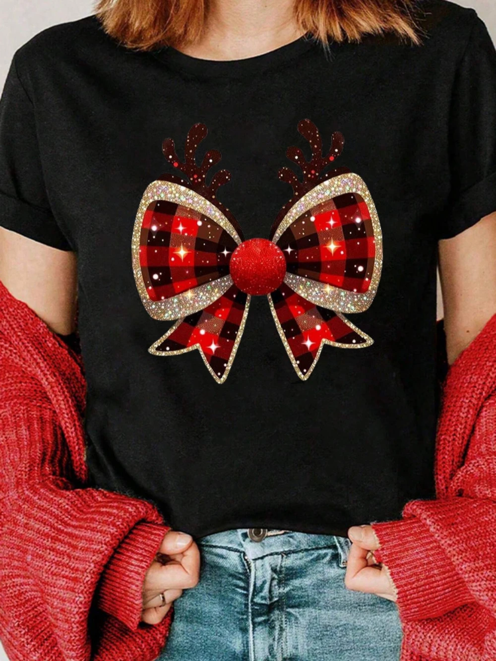 Camiseta con estampado de pajarita y asta de Halloween camiseta informal de talla grande accesorios para actividades navideñas