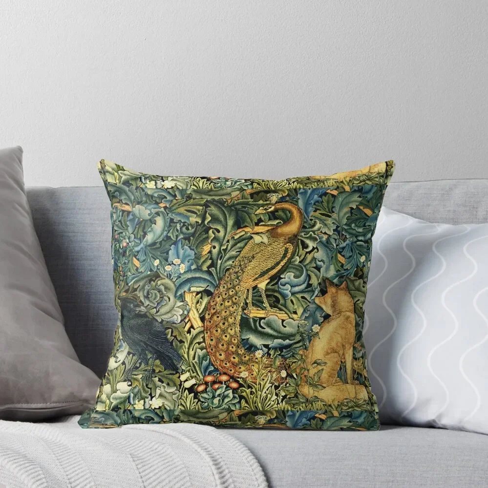 

GREENERY, FOREST ANIMALS ,RAVEN ,FOX AND PEACOCK Blue Green Floral Throw Pillow Custom Cushion Photo christmas supplies pillow