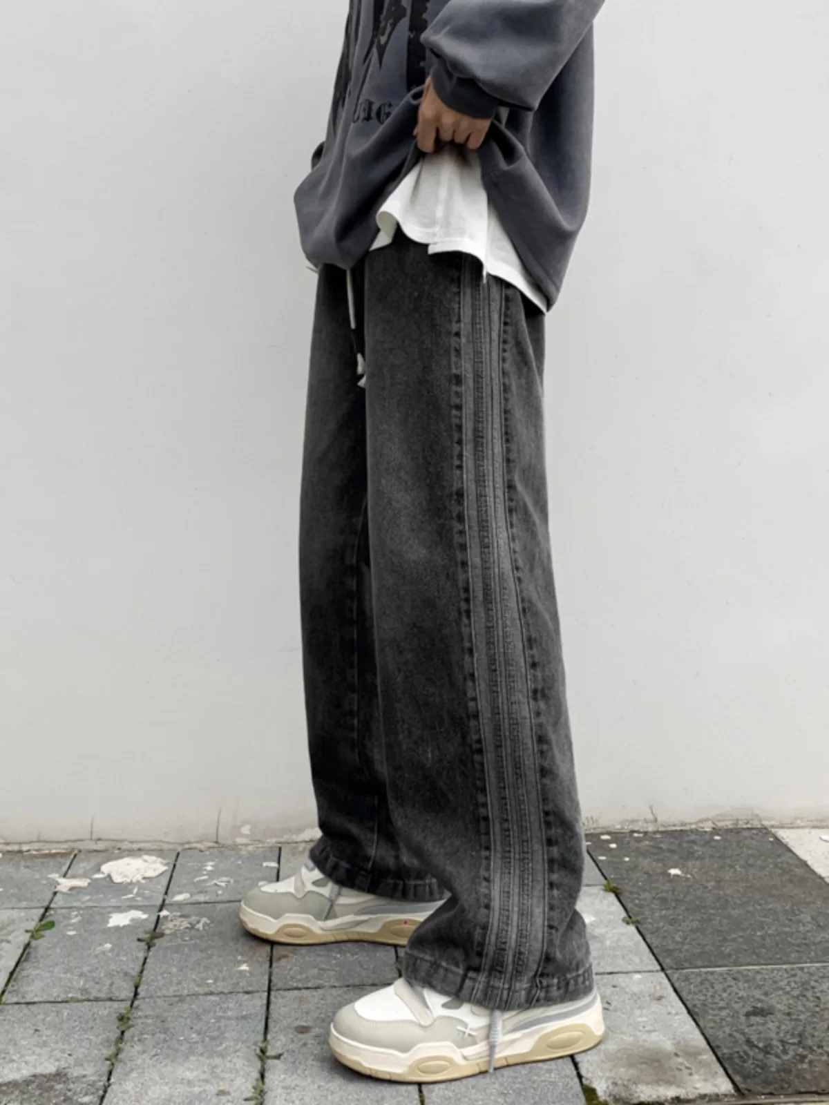 

Retro Black Jeans Men's Loose Straight Casual Pants High Street Vibe Trendy Brand Stripe Drape Long Trousers Autumn Season