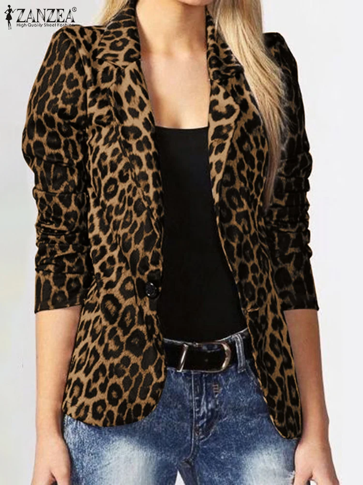 ZANZEA Leopard Print Lightweight Blazer for Women Autumn Notched Lapel Long Sleeve with Shoulder Pad Woman Commute Outerwear