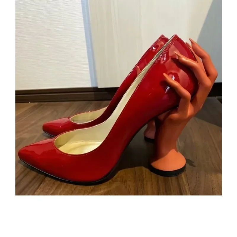Gothic Pattern Patent Leather Pointed-Toe Hand Heeled Pumps Women Sculpted Heel Glossy Finish Playful Party Shoes for Runway
