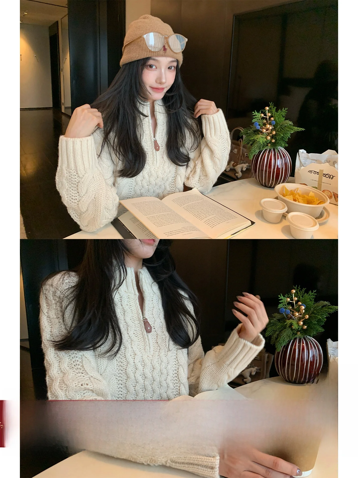 

Вязаный шерстяной свитер Ele на молнии для девочек, повседневный, свободного кроя, с длинными рукавами, высоким воротником, в университетском стиле