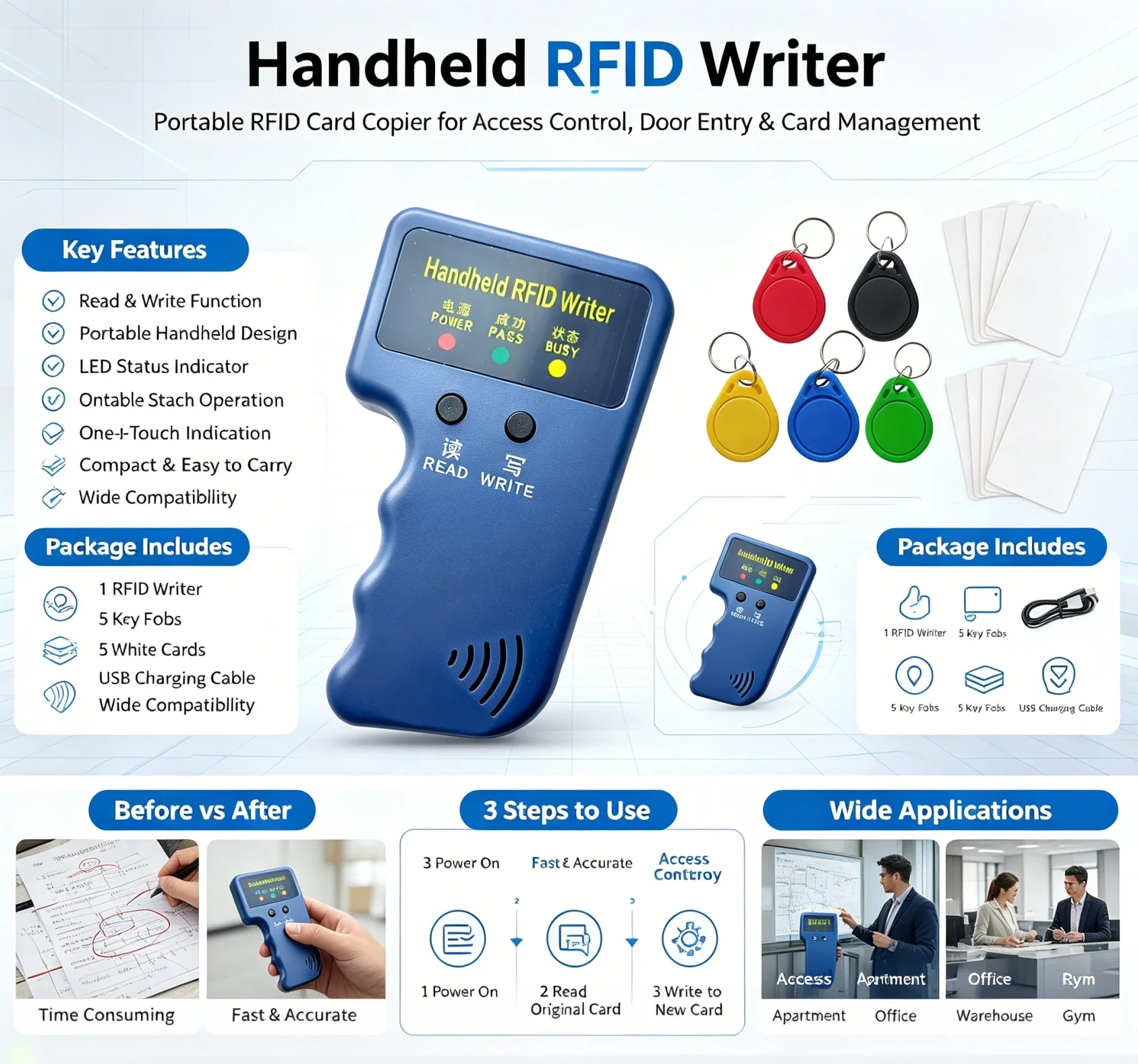 Copieur RFID portable EM, lecteur de cartes, programmeur et duplicateur de données, compatible avec les puce EM5200, EM4100, EM4305/T5577, et les porte-clés réinscriptibles 125Khz