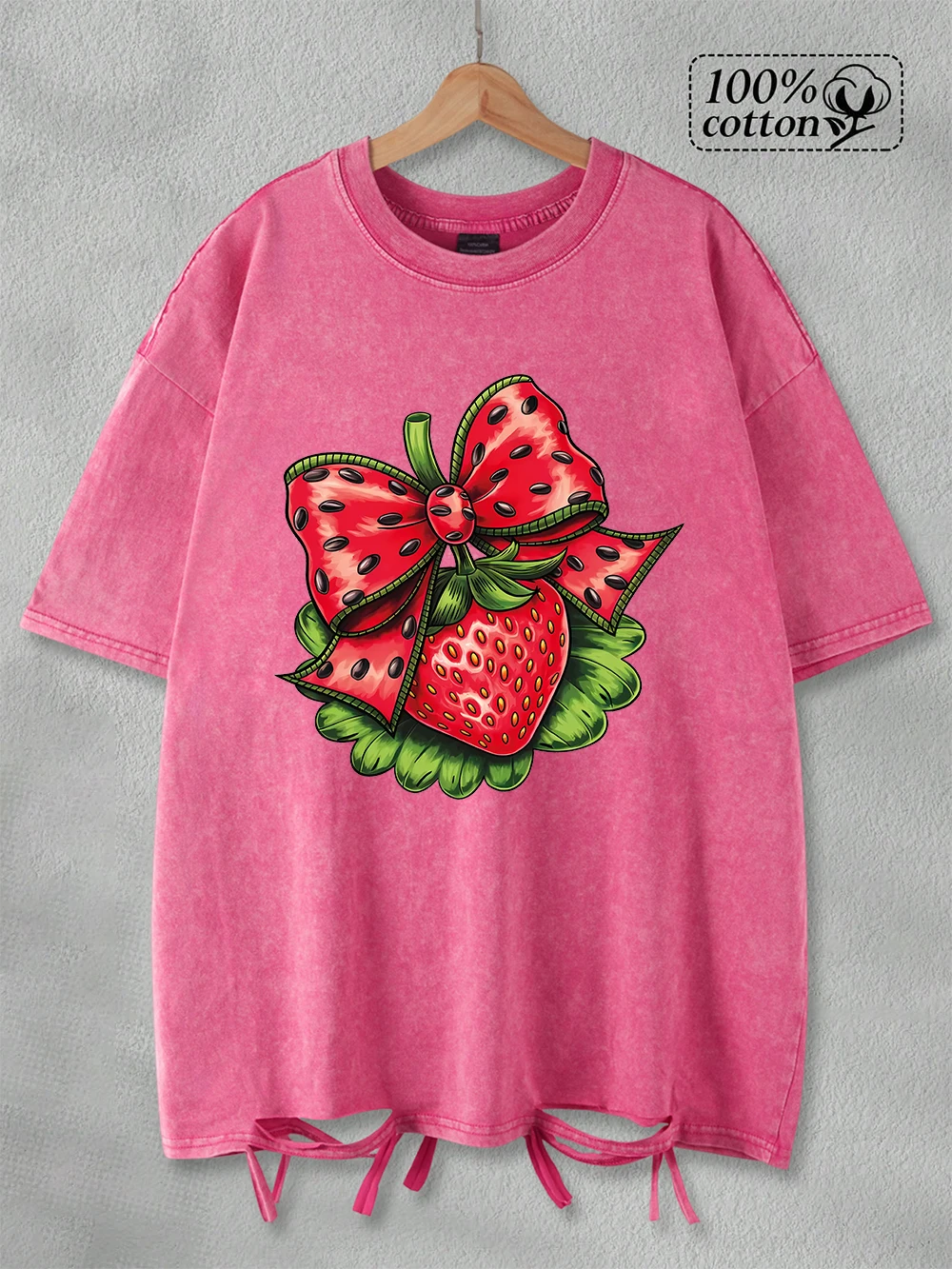 

Summer Washed T-Shirts Women Cotton Creative Bow Strawberry Print T Shirt Harajuku O-Neck Oversized Tops Street Woman Clothes