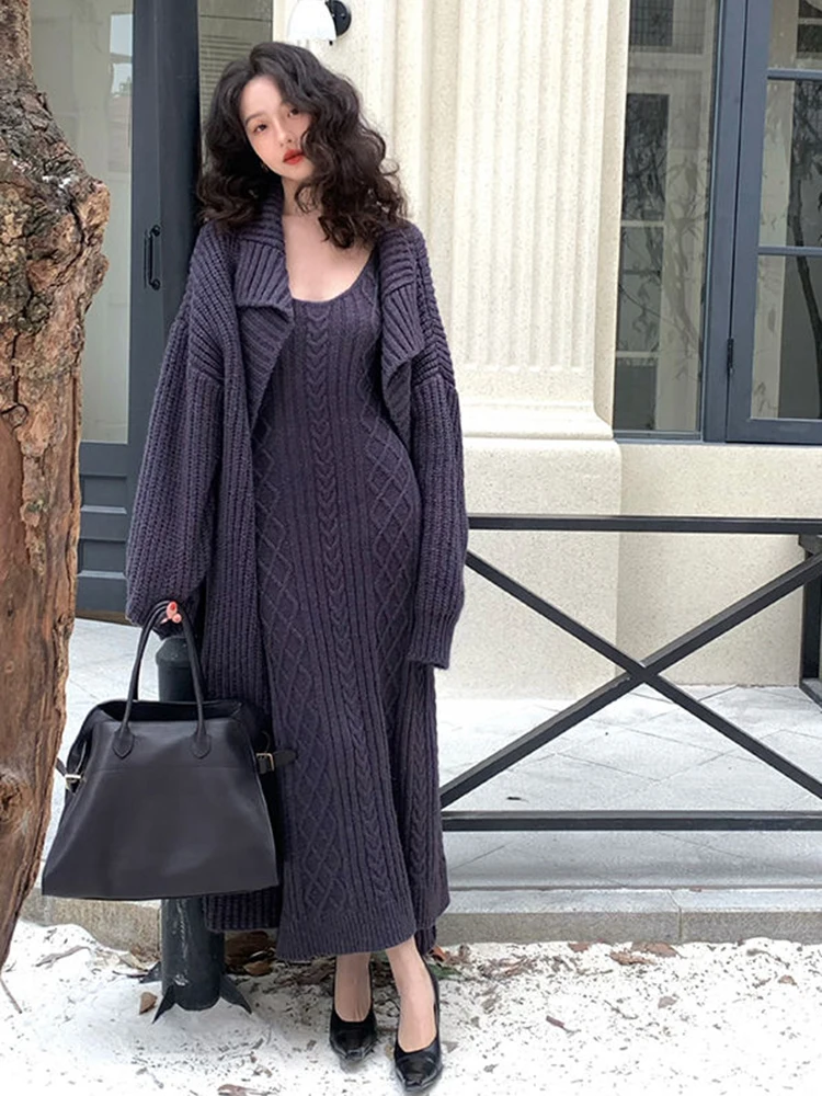 2024 Autumn Winter Korean Style Elegant Style Two Piece Sets Femme Solid Color Loose Knit Cardigan Jacket V-neck Vest Dress