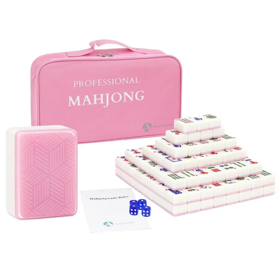 

American Mahjong Game Set 166 Premium Pink Melamine Tiles 1.4, Professional Quality with Dice, Poker Chips amp Carrying Bag