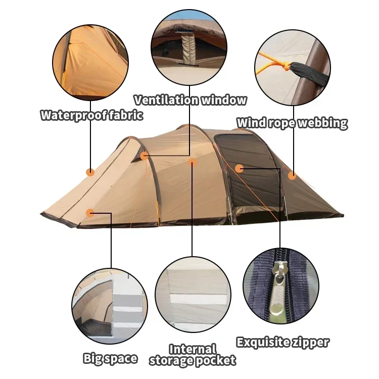 large luxury 8-10 person  Outdoor family camping tent Double Layer big size tent for camping  glamping tunnel tent