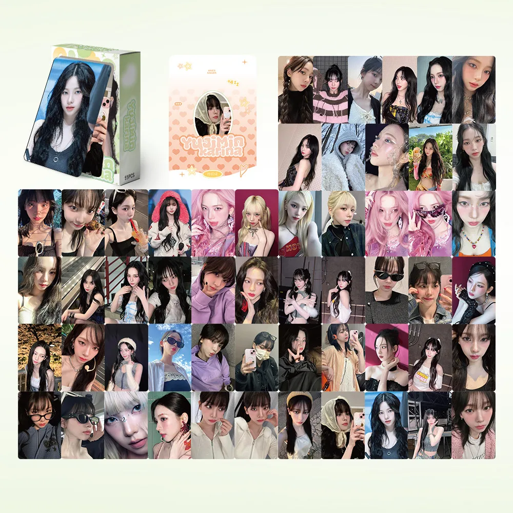 مجموعة ملصقات K-pop DIY (55 ورقة) - بطاقات KARINA Glow-in-the-Dark LOMO لحافظات iPhone/مجلات Bullet (متجر Anime Worlds)