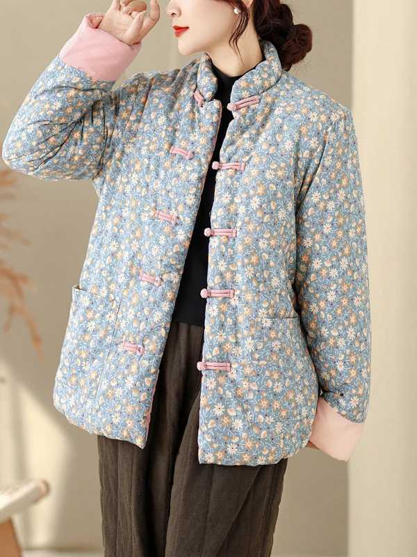 

Новое китайское хлопковое женское зимнее пальто Thiened, длинное пальто-стойка с воротником-стойкой, ткань с принтом на одной пуговице