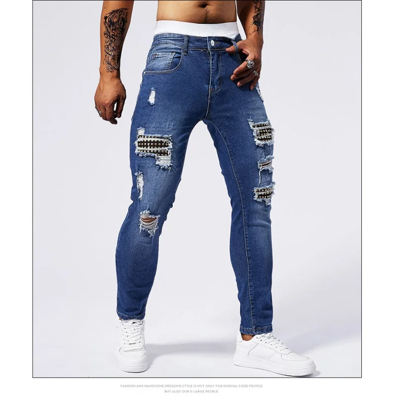 2024 Nieuwe Stijl Gedragen Gescheurde Skinny Jeans Herenmode Street Trendy Patch Design Skinny Stretch Knappe Herenkledingbroek