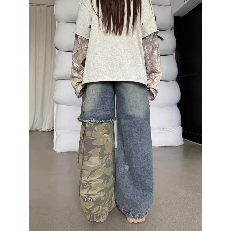 

Женские винтажные камуфляжные джинсы-карго 2025 Harajuku, рваные брюки-бойфренды, уличная одежда, хип-поп, 2000-е, Y2k, мешковатые широкие брюки