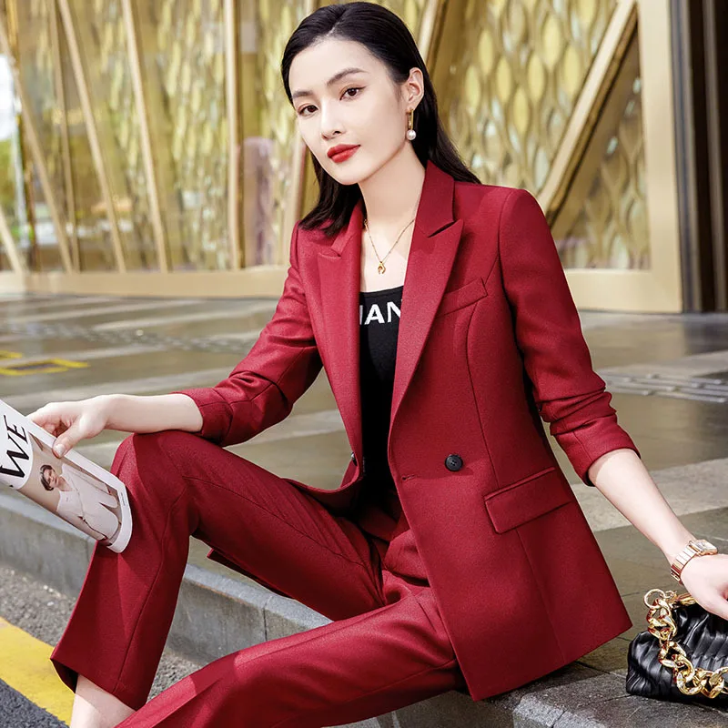 

Long Sleeve Single-Breasted Fashion Temperament Pure Color Business Wear Red Two-Piece Set Women's Pants Suit Green Work Uniform