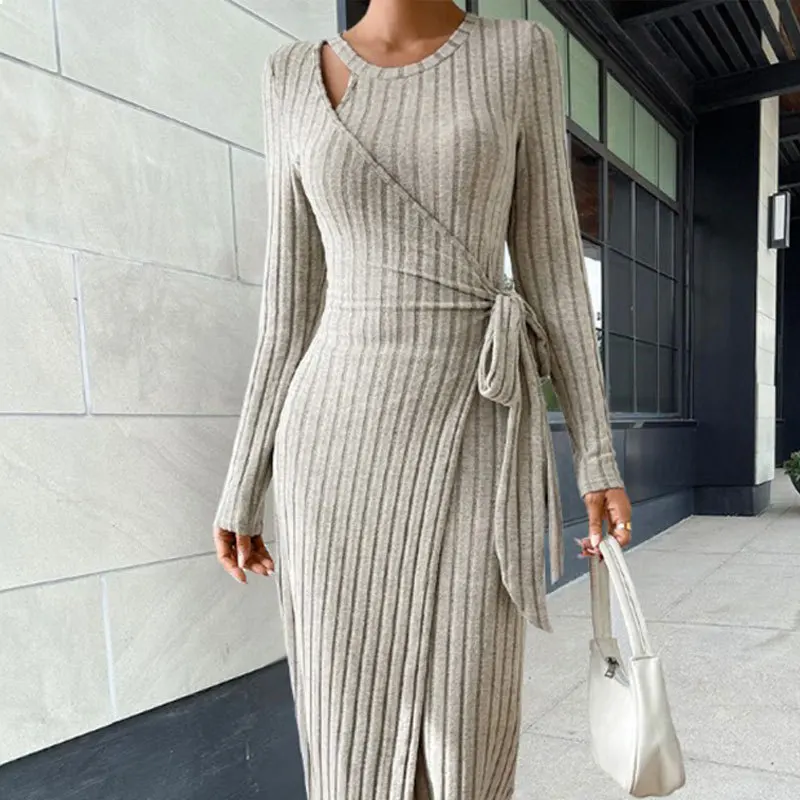 New Autumn/Winter Women\'s Fashion and Elegant Commuting Round Neck Solid Long Sleeve Lace up Waist Knitted Dress