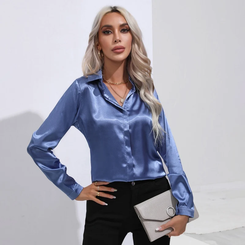 

Solid Color Women's Satin Imitation Silk Long Sleeve Shirt Autumn/Winter Solid Office Lady Lapel Button Blouse Women Clothing