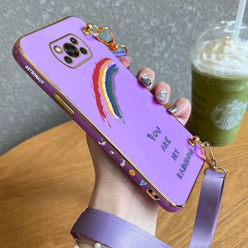 Meet the Rainbow Lanyard Plating Phone Case For Xiaomi POCO M5 M4 X5Pro X5 F5 X4Pro X4GT X4NFC F4 X3 F3 C40 C55 M3 X2 Cover