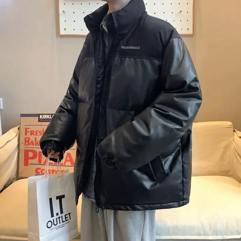 

Men's Thiened Cotton Jaet Winter Warm Bla Bread Sle Coat Loose Fit High Street Sle Youth Faion Stand Collar Coat