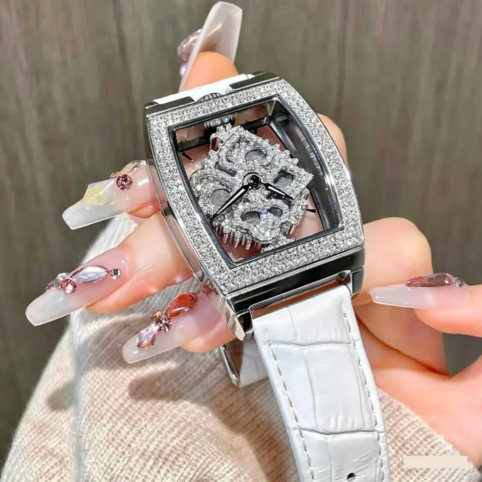 New Fashion Luxury Woman Tonneau Leather Watch Women Rhinestone Transparent Back Quartz Rotatable Watch Ladies Wrist Watch Gifts