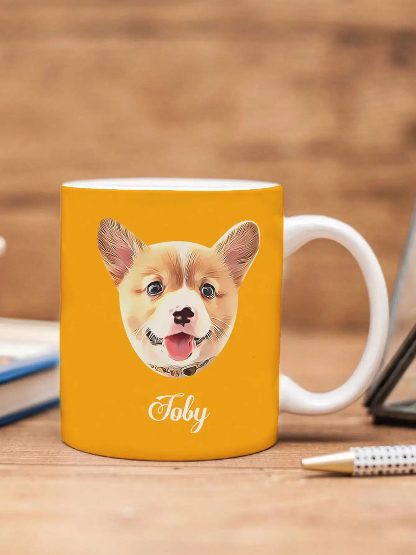 

Costom dog photo and name coffee mug