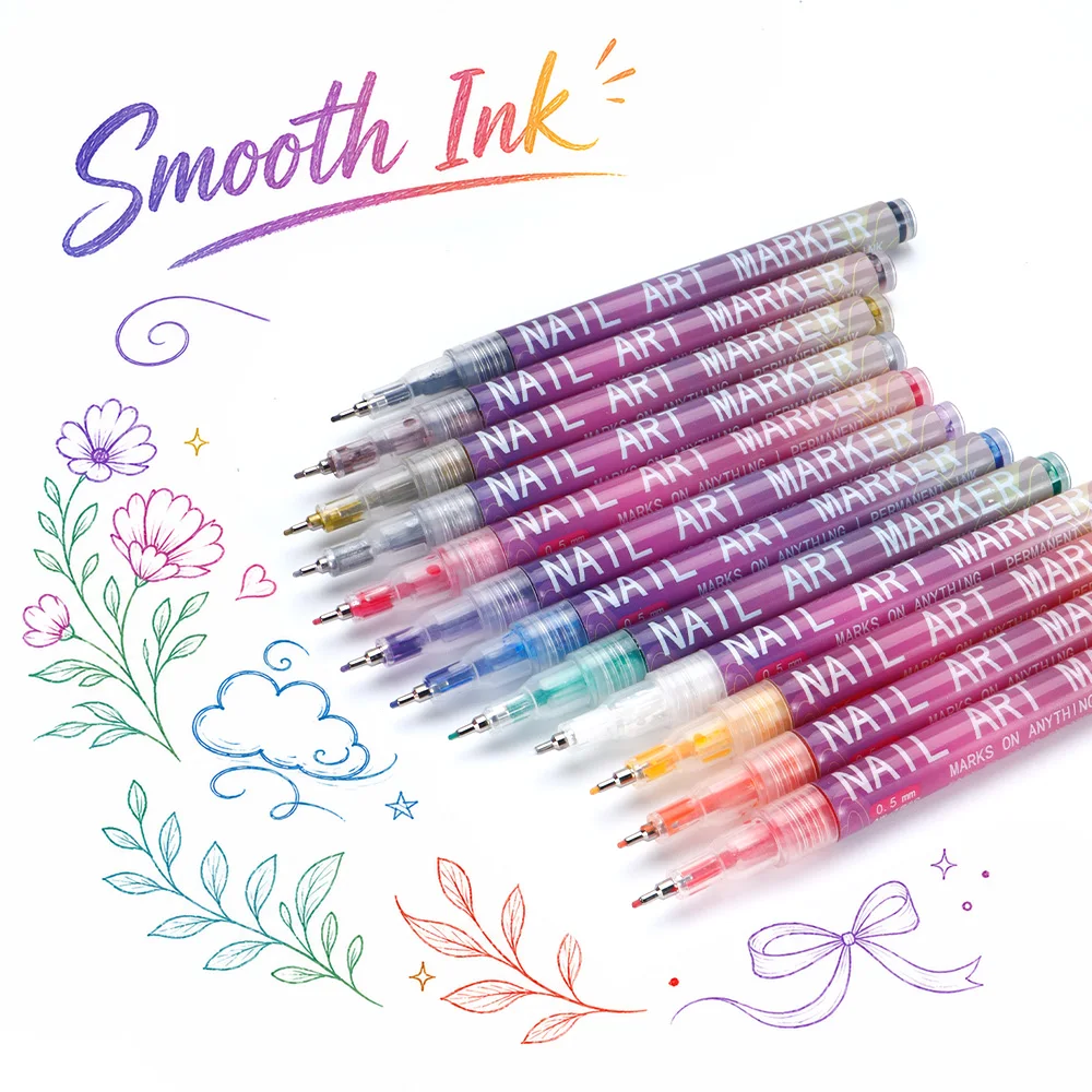 12 Pcs 0.5mm Fine Line Marker Pens Water-Based Smooth Ink DIY Nail Pen Illustration Design Journal Doodle Drawing Art Supplies