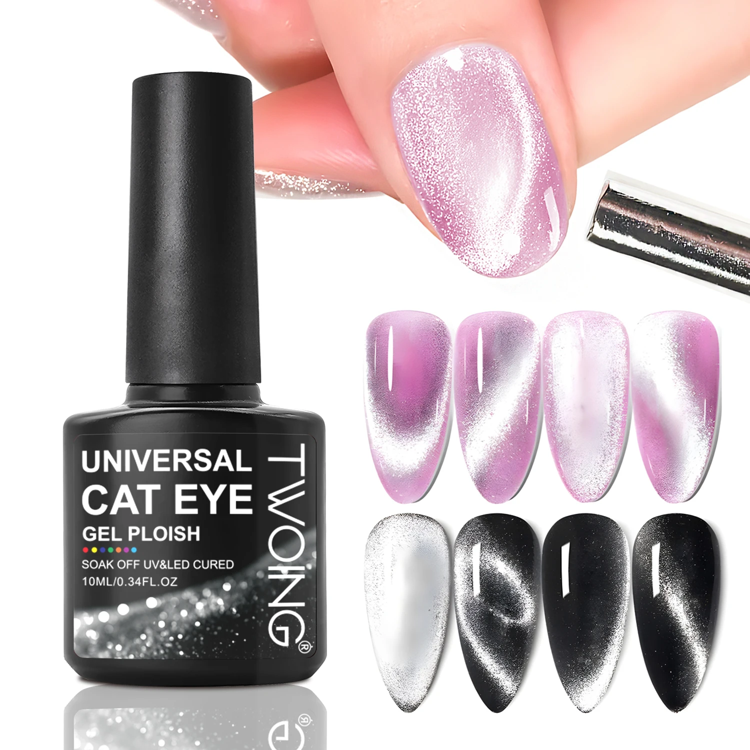 TWOING 10 ml Universal Silver Cat Eye Gel Nagellack, magnetisches Glitzer-Soak-Off-UV/LED-Gel, funktioniert mit allen Farbpolierungen zum Selbermachen