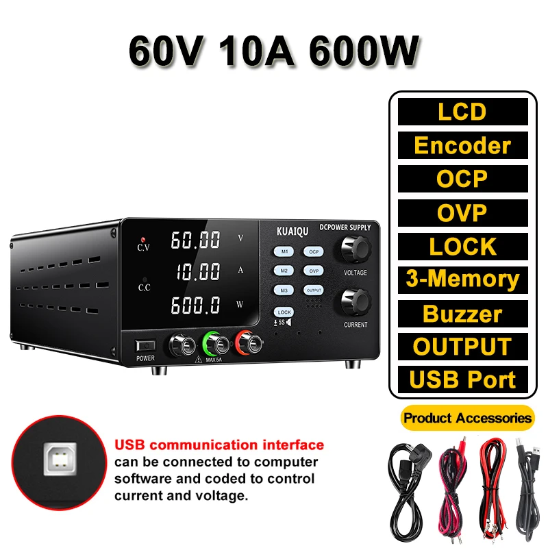 Programmeerbare DC-voeding KUAIQU 30V 100A 3000W met RS232 USB-poort, instelbare bench-regulator, OCP/OVP/geheugen voor testen en verouderingstests.