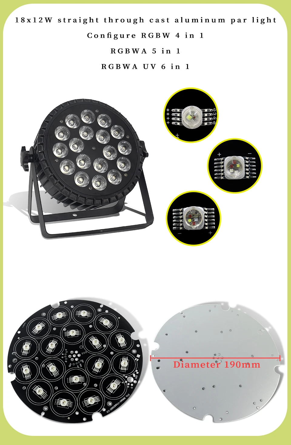 Bühnenlicht-Reparaturteile, 18 x 18 W, RGBWA UV 6in1/18X12W RGBW 4in1/18X12W RGBWA 5in1 wasserdichte oder Aluminium-Bühnenlicht-LED-Platine – Detail 7