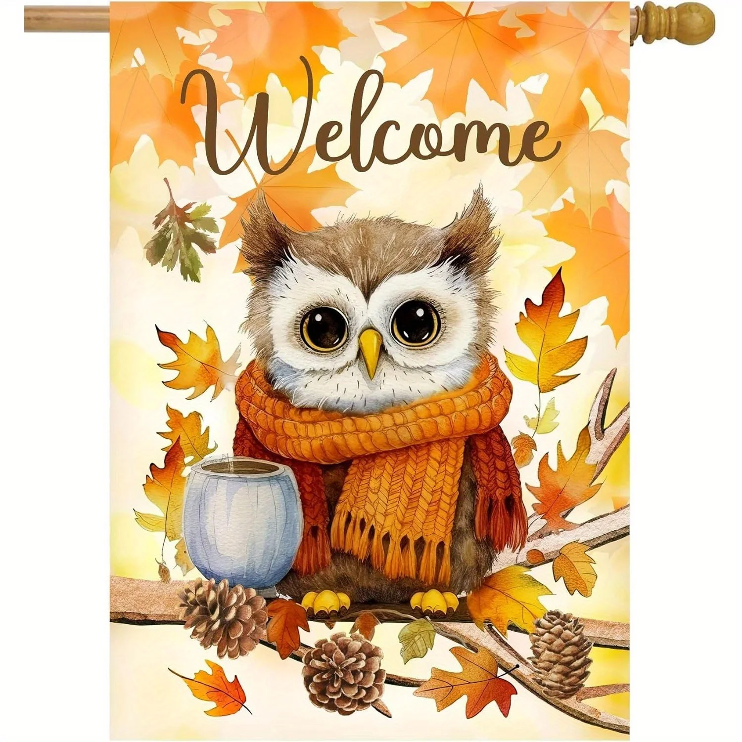 Welcome Fall Owl Garden Flag - 12x18 Inch Double-Sided Autumn Yard Decor with Cute Owl, Scarf, and Maple Leaves