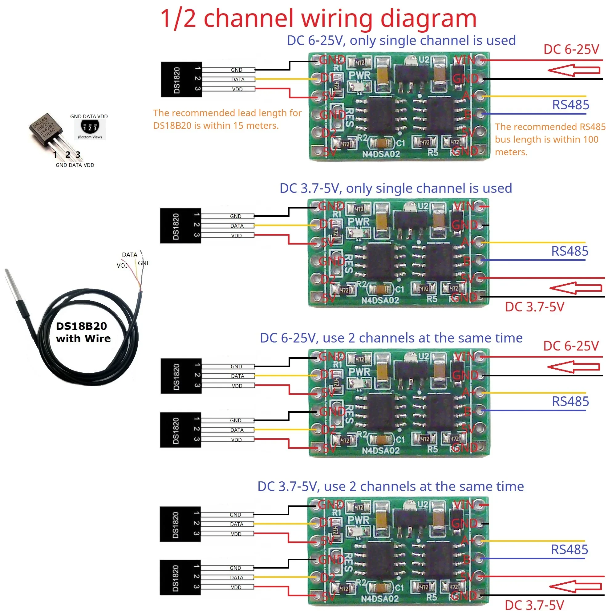 2CH RS485 ดิจิตอลอุณหภูมิ DS18B20 Sensor สําหรับเทอร์โมสมาร์ท R46CA01 DC 5V 12V 24V Modbus Analog Input IO