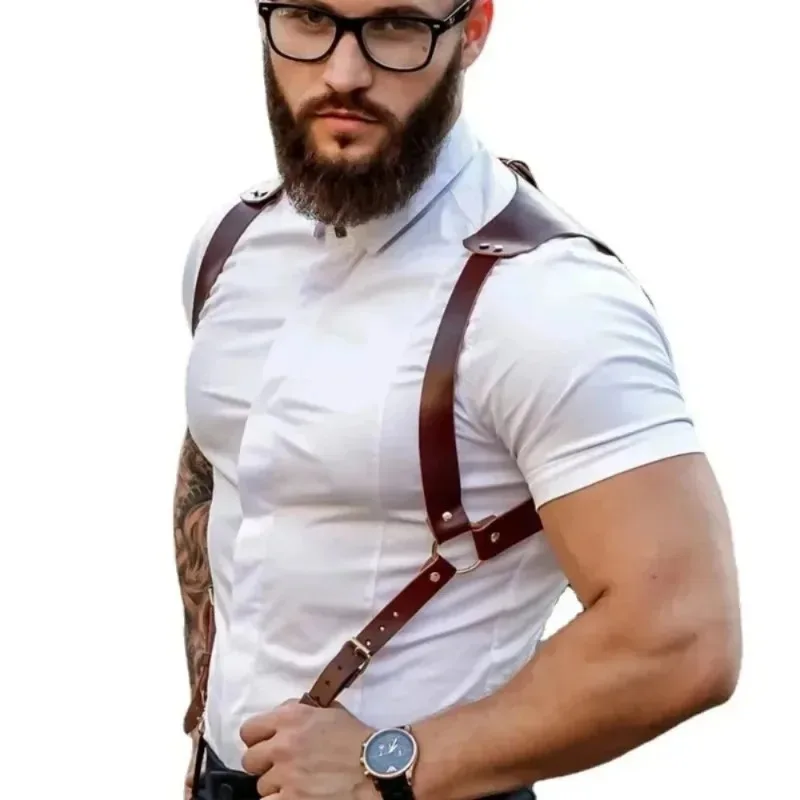 Men's Retro Shoulder Strap Punk Leather Back Support with Metal Hook 1pcs Adjustable for Men's Strap H Design