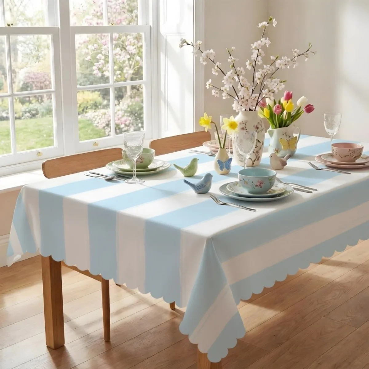 Striped tablecloth with full-pattern design, featuring a fresh blue and white color scheme and simple wave-shaped edges.