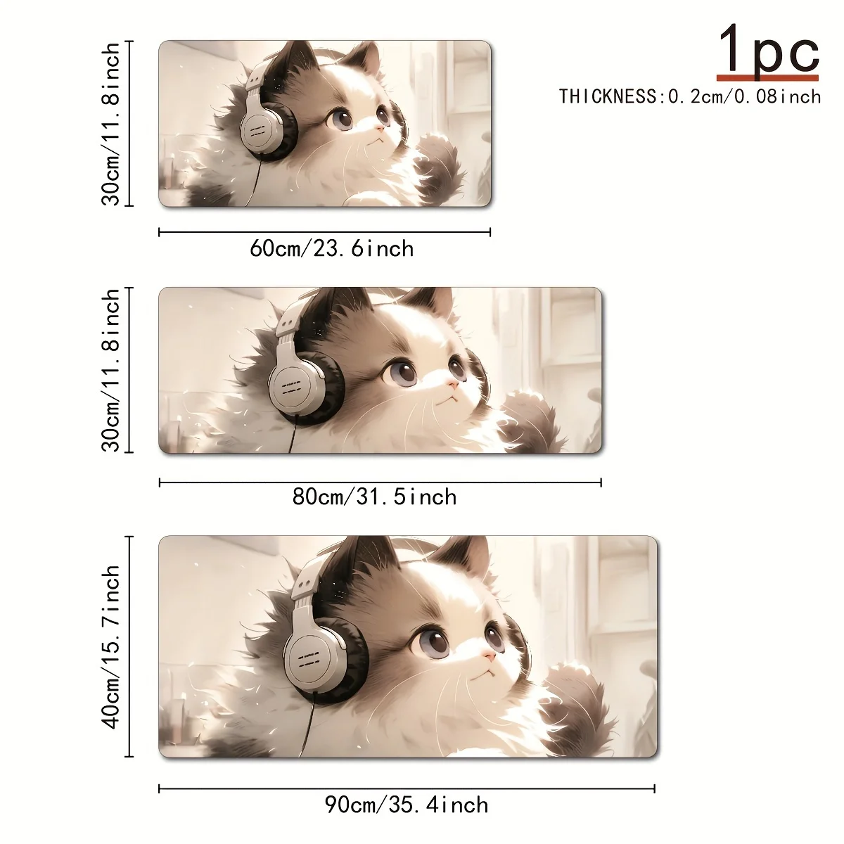 Cute Kitten with Headphones Extra Large Gaming Mouse Pad Durable Rubber Non-Slip Desk Mat for Office
