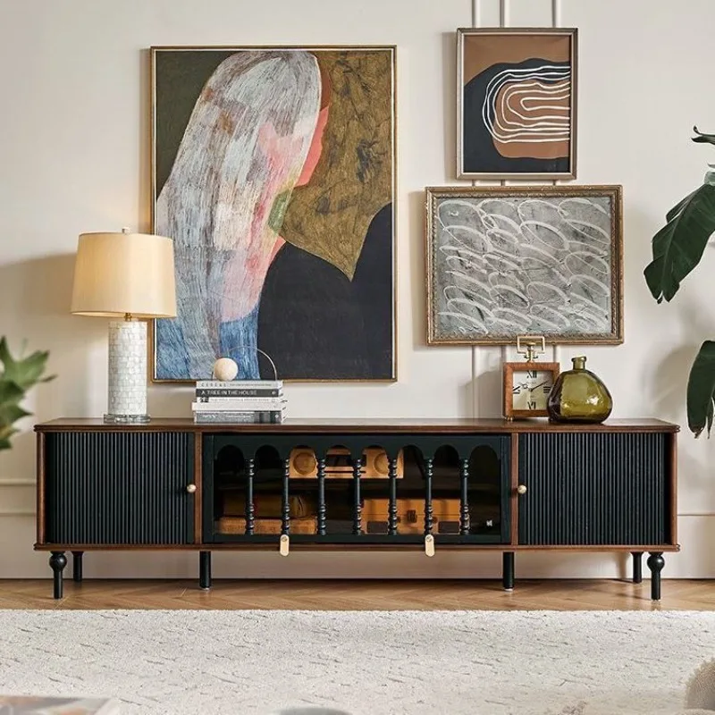 Medieval Solid Wood TV Cabinet Black American Retro Style with Roller Shutter for Small Apartment Living Room Locker Floor Cabi