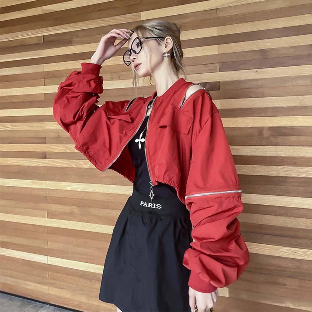 Red Thin Coat For Women 2024New Popular Short Sunscreen Tops Female Casual Zipper Hollow Out Jacket Women Bat Type Loose Outwear