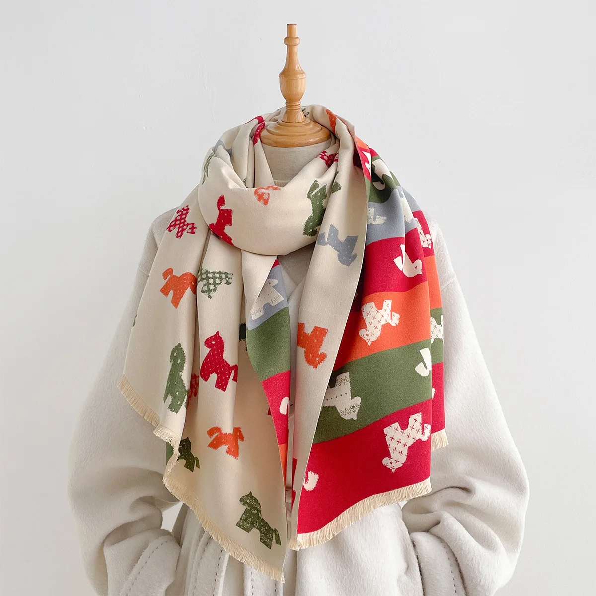 Lovely Colorful Kitten Pattern Double Sided Scarf For Women Faux Cashmere Soft Reversible Long Shawl Fringe Trim Warm Neck Wrap
