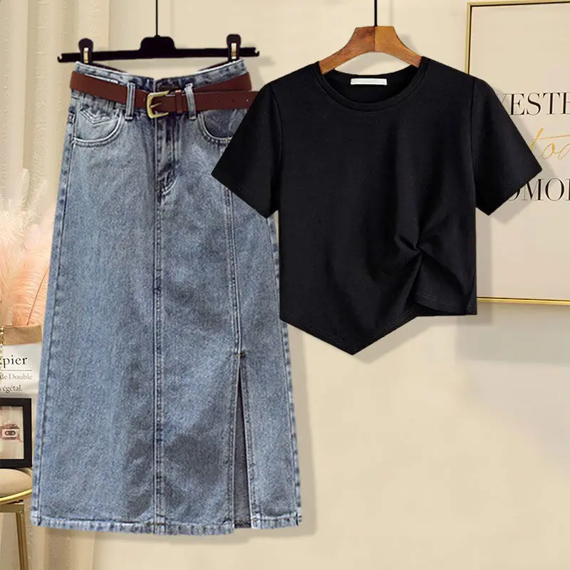 Large Summer Fashion Women's Suit 2022 New Short Sleeve T-shirt Slim Split Denim Skirt Two Piece Women's Skirt Suit