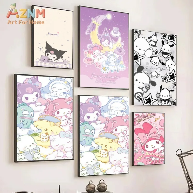 Kuromi Hello Kitty My Melody Canvas Poster Cute Sanrio Cartoon Print Unframed Canvas Art Soft Pastel Aesthetic Wall Decor Gift