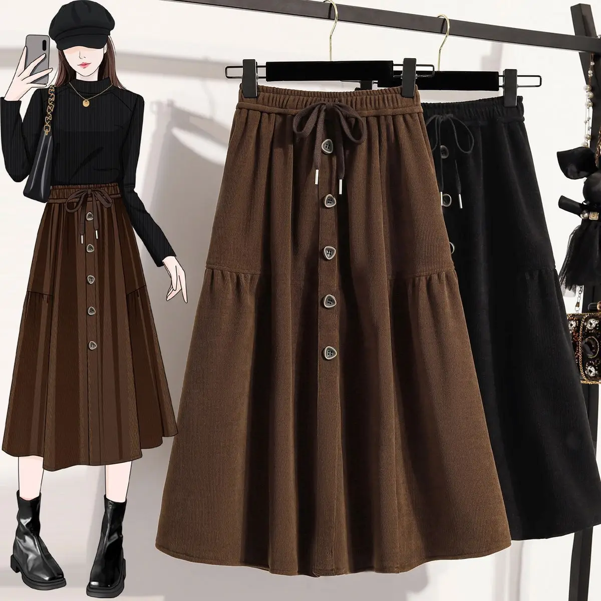 Vintage Corduroy Skirt Length High Waisted New A Line Skirts with Button Female Multi Pockets Elastic Waist Loose Skirt M175