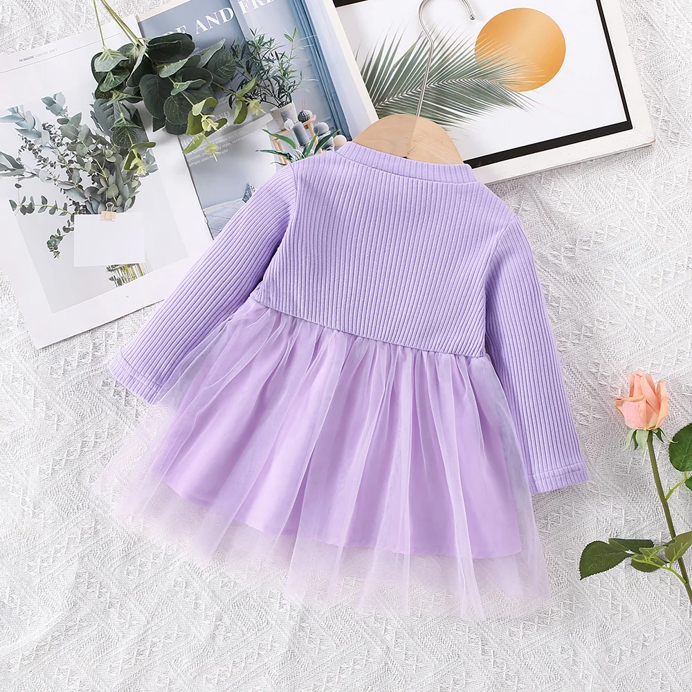 Spring and Autumn Baby Girl Dress Solid Color Long Sleeve Top Spliced Mesh Waist Embroidered Flower Princess Dress