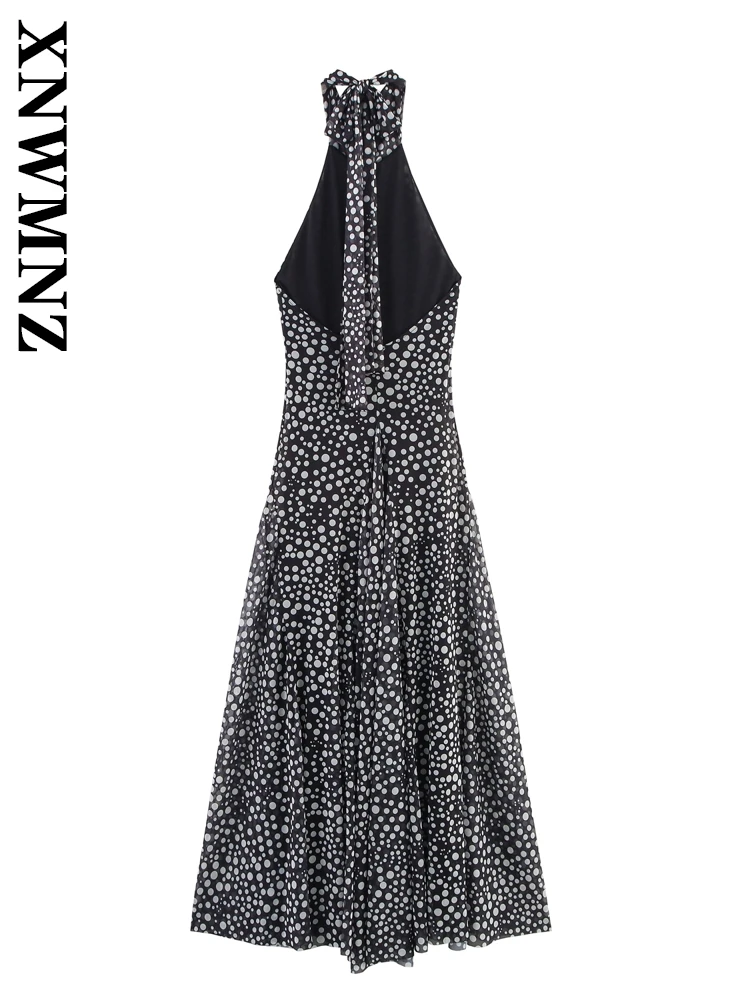 XNWMNZ 2025 novedad de verano señora elegante Sexy sin mangas Halter espalda descubierta vestidos largos moda de vacaciones mujer hombro boho vestido de lunares corbata