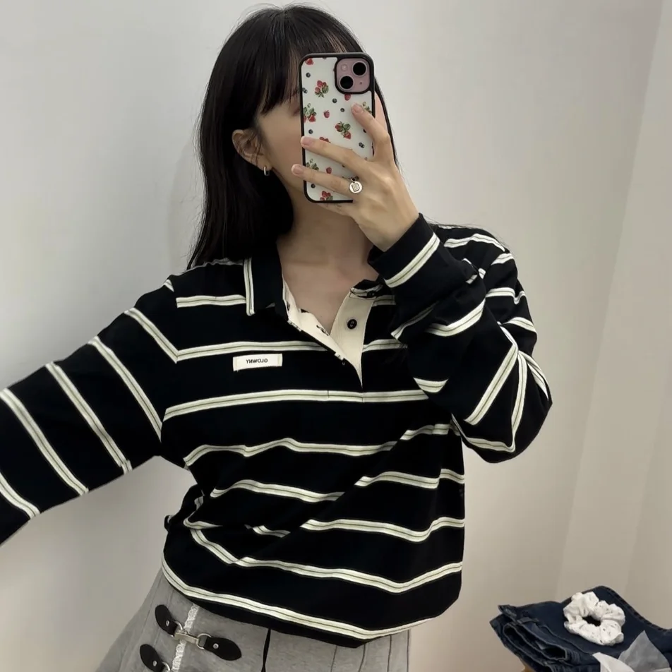 Send Glo * NY South Korea 2025 Spring Stripes Color Matching Polo Shirt Casual Easiest for Match Lapel Long Sleeve Top Base