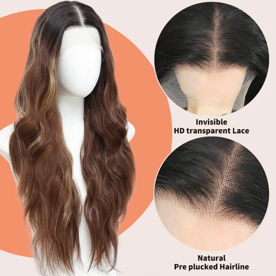 الاصطناعية 13x4 HD الدانتيل الجبهة الباروكات للنساء السود تسليط الضوء على مزيج براون شقراء الطبيعية متموجة 26 بوصة غلويليس شعر مستعار جاهز للارتداء Pr #2