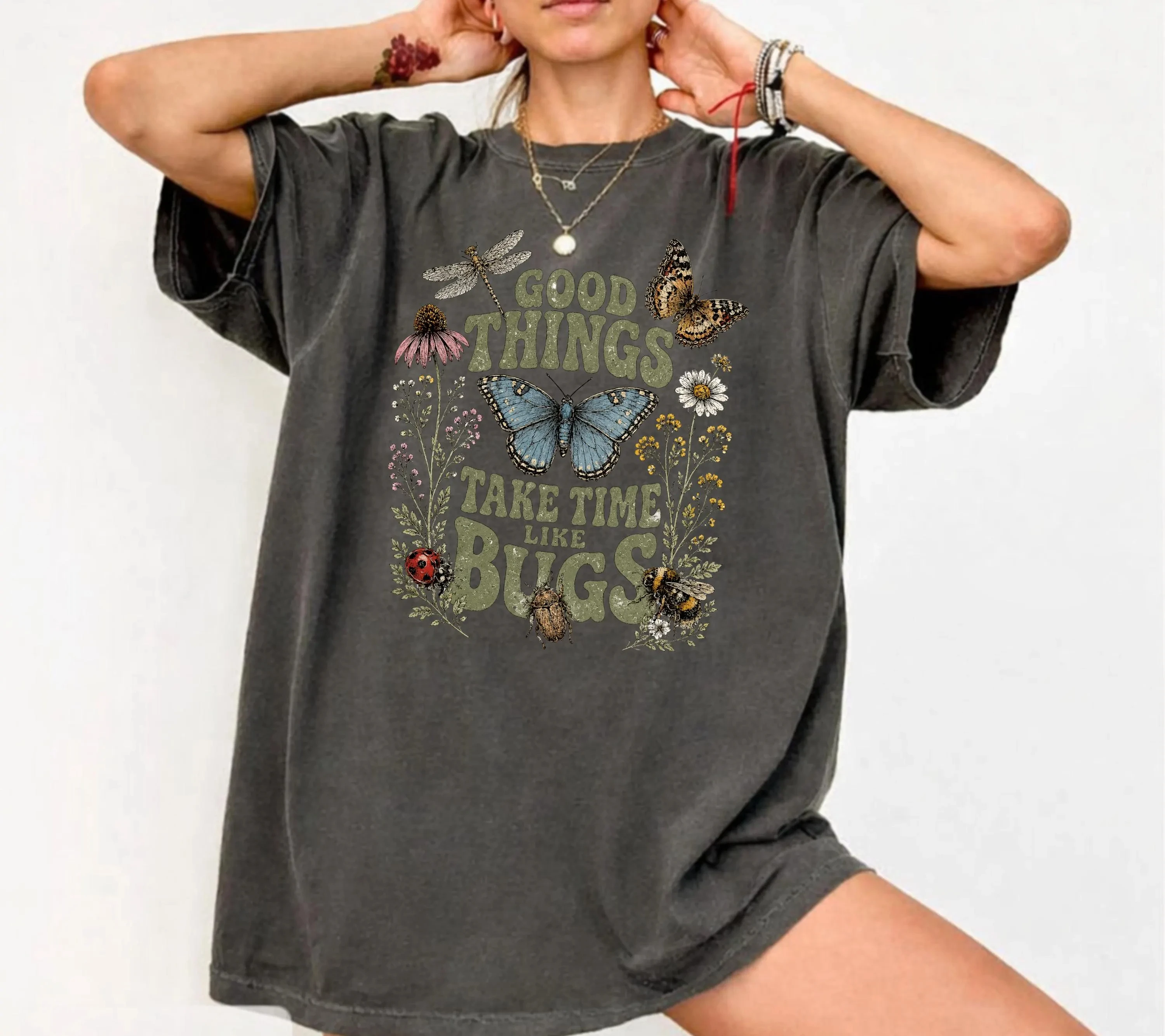 Summer Women's Vintage Good Things Take Time Print T-shirt Cotton and Breathable Short Sleeve Streetwear Oversized Loose Casual