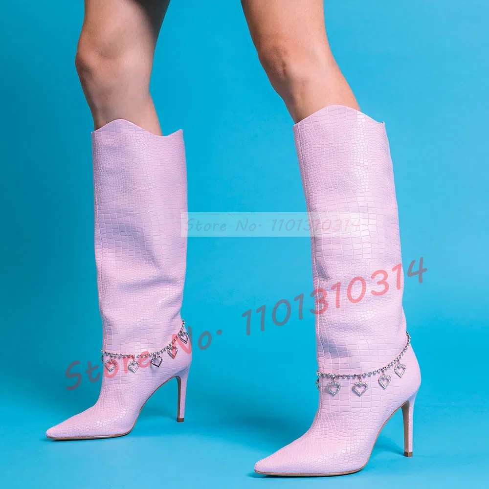 Pink Knee-length Boots With Crystal Hearts Chain Women Pointy High Heels Shoes Croc-pattern Sexy Office Ladies New Casual Boots