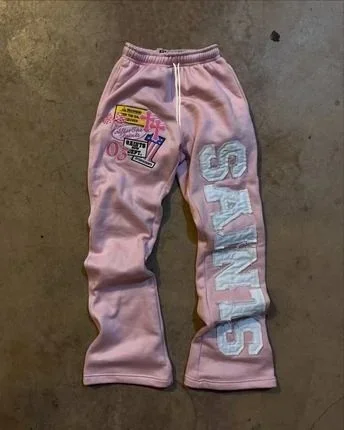 

Y2K Pink Flare Pants for Women Vintage Streetwear Baggy Flared Trousers with Patchwork Oversized Casual Track Pants