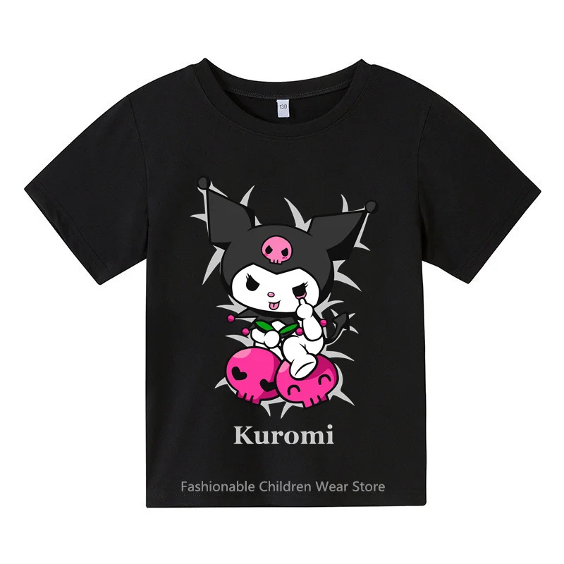 

Стильная летняя футболка Hello Kitty Kuromi с принтом для детей, хлопковые повседневные топы с коротким рукавом, уличная модная одежда для мальчиков и девочек