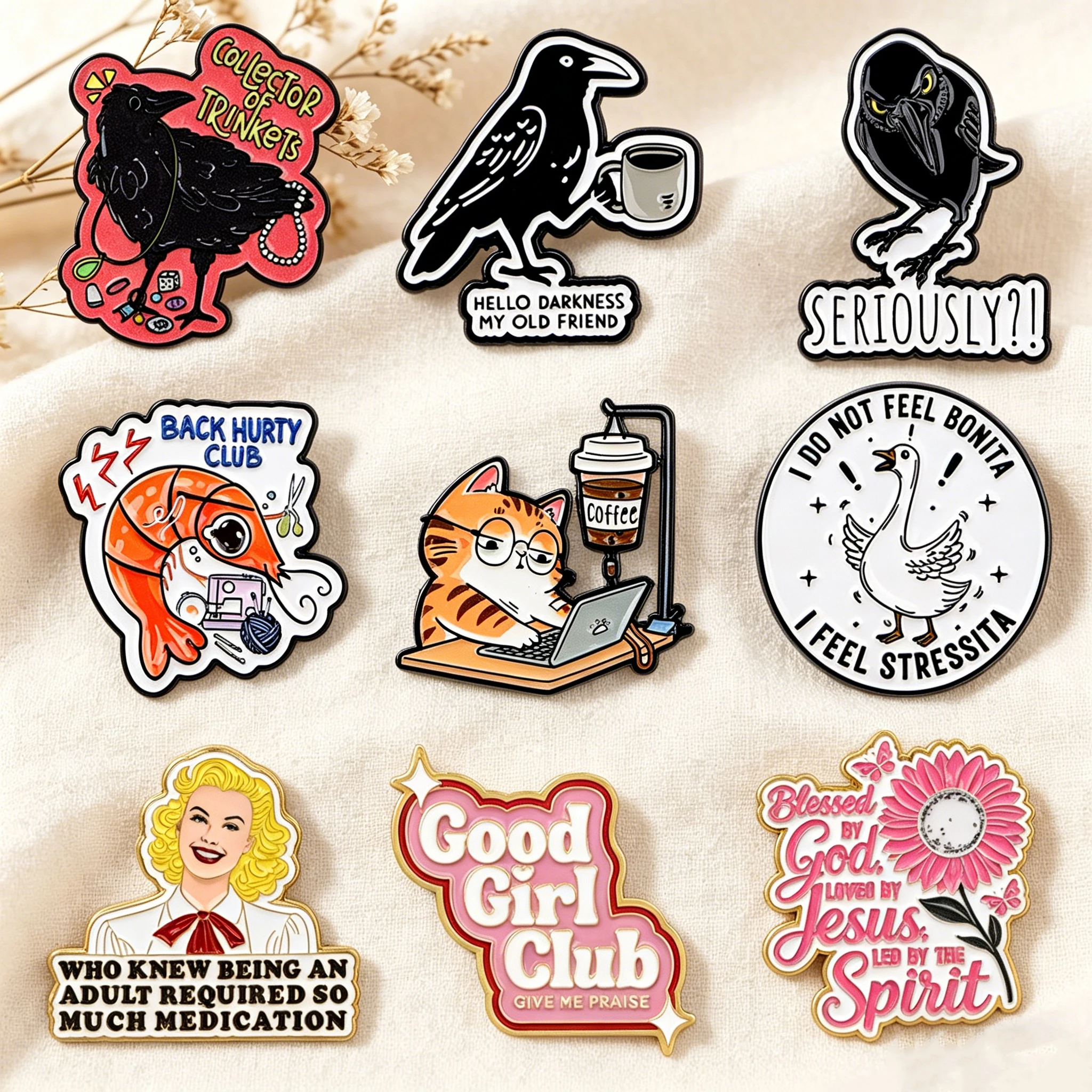 Work Coffee Cat Quote Enamel Pin Funny Crow Shrimp Brooches Lapel Pins Backpack Accessories Decorative Jewelry Gift for Friends